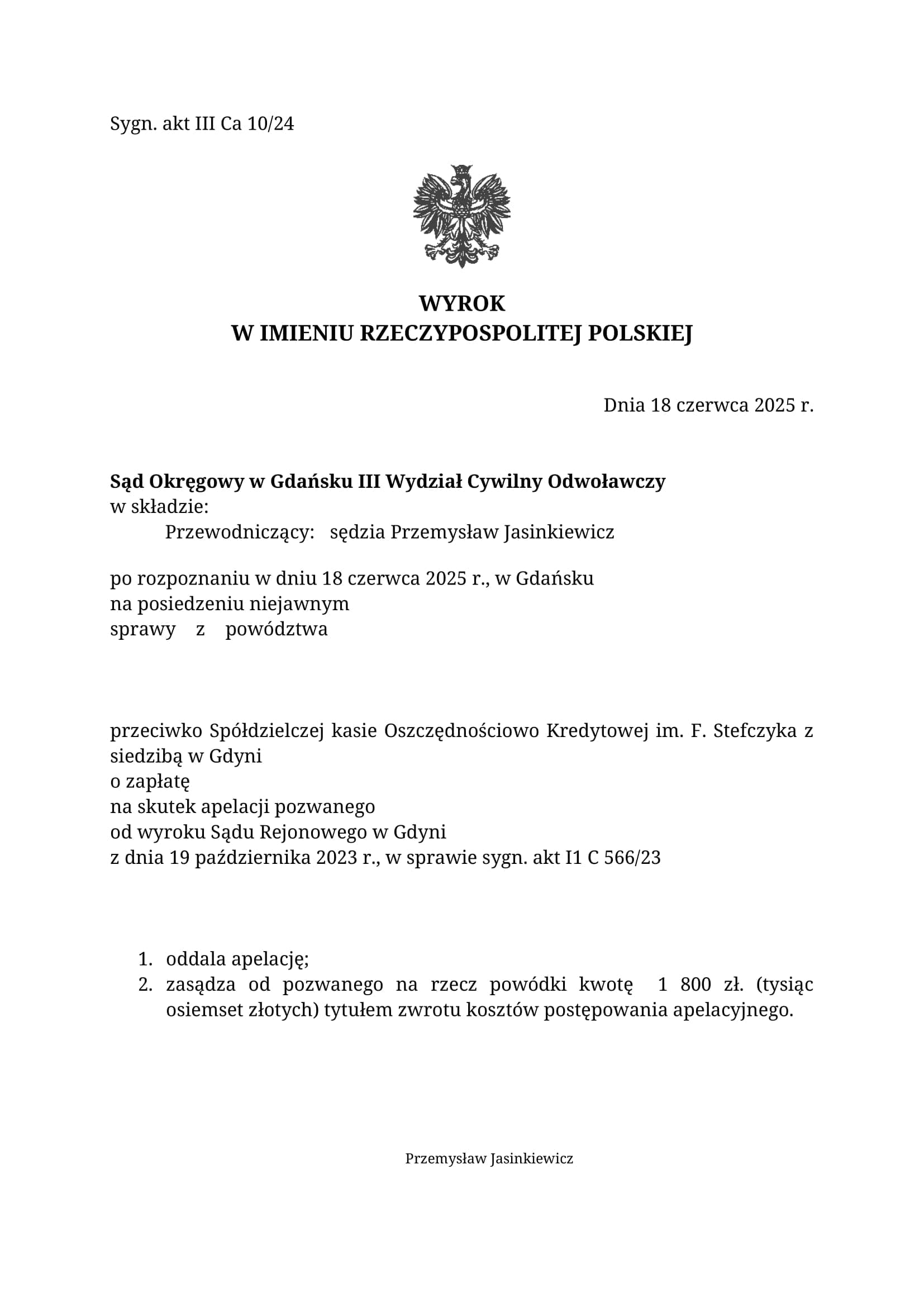 Wyrok — III Ca 10/24